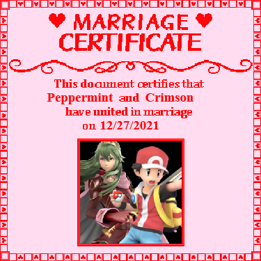 A fake marriage certificate, reading 'This document certifies that Peppermint and Crimson have united in marriage on 12-27-2021'. Beneath is a picture of Crimson and Peppermint's smash renders standing next to each other.