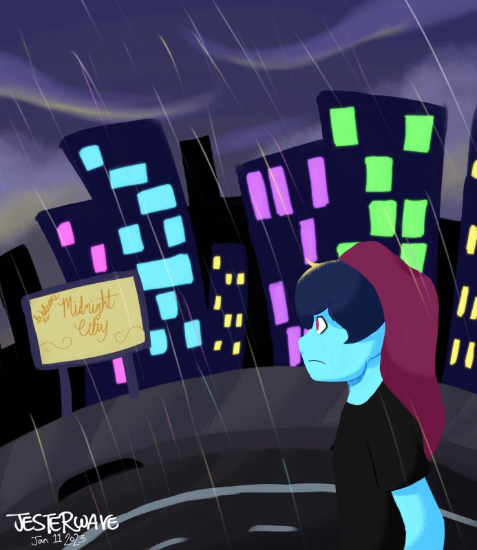 game protagonist is looking at the city which is brightly lit in neon colors. the sky is overcast and rain is falling in rainbow colors. a yellow sign reads welcome to midnight city.