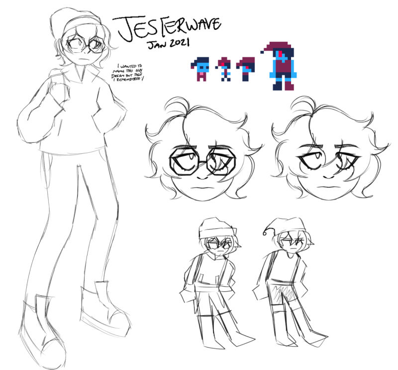 old refenece of game protagonist. colorless sketches depict them in casual clothing. pixel art shows them with blue skin and deep blue hair, a red sleeping cap and blue and red pajamas