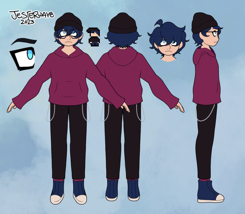reference sheet for game protagonist in casual clothing. they wear dark clothes, glasses and have pale skin.