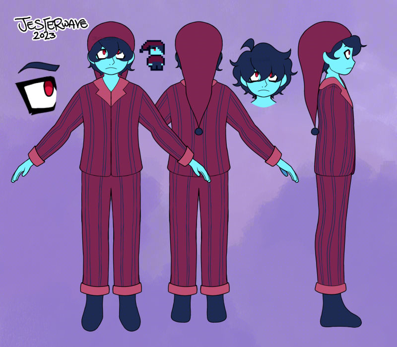 reference sheet for game protagonist in old-fashioned sleep wear. they have blue skin.