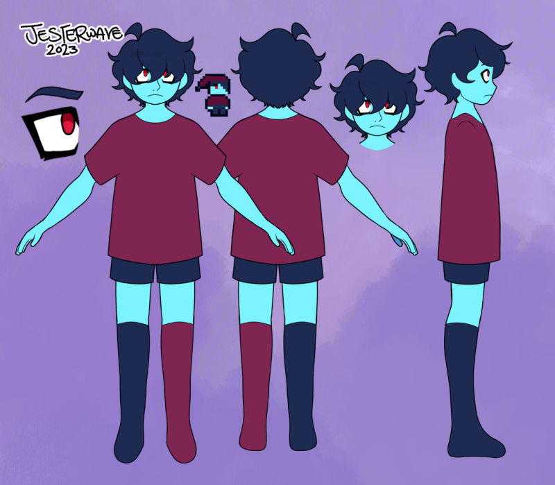 reference sheet for game protagonist in a baggy t shirt, shorts and over-knee socks. they have blue skin.